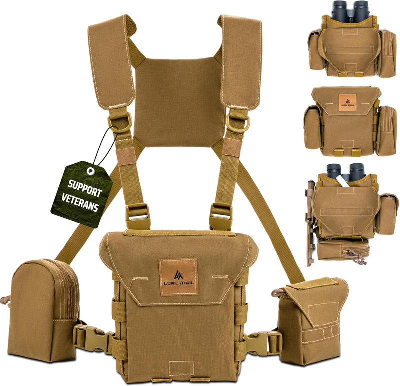 Binocular Harness Chest Pack - Bino Harness Hunting Chest Rig | Waterproof 500D Cordura case, silent magnetic closure, MOLLE rangefinder pouch, elk deer glassing Lt1 - Standard