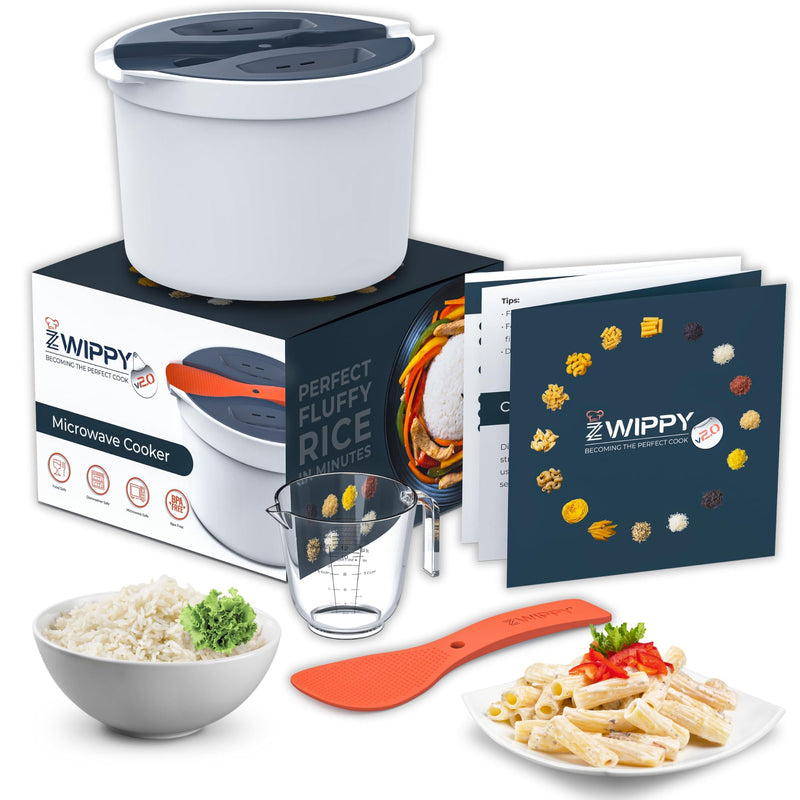 Microwave Rice Cooker Steamer and Pasta Cooker with Strainer - Mess-Free Design, Dishwasher Safe, Cooks Up to 8 Cups Zwippy v2.0
