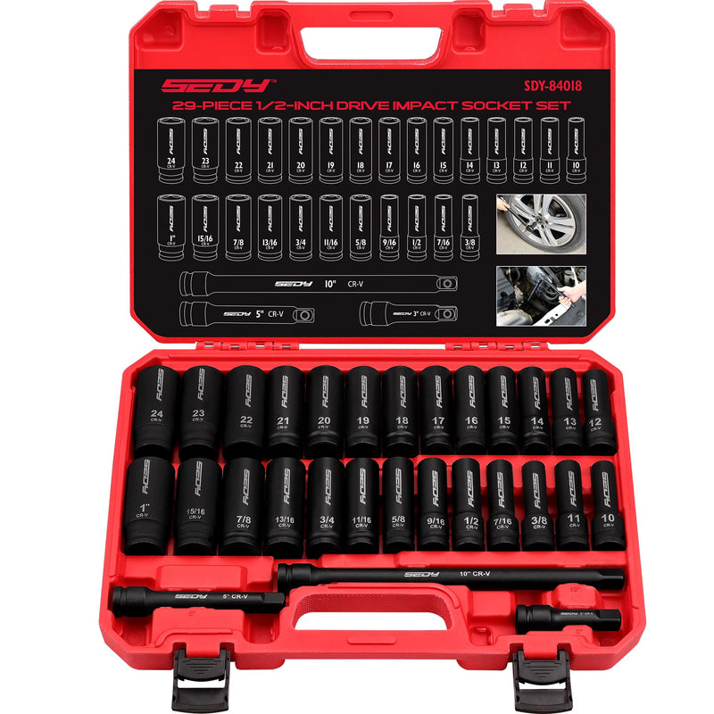 29-Piece 1/2" Drive Impact Socket Set, SAE (3/8 to 1 inch) and Metric (10-24mm) Sizes with Extension Bars Standard Deep Socket Set CR-V Material High Durability Impact Wrench 1/2--29PCS