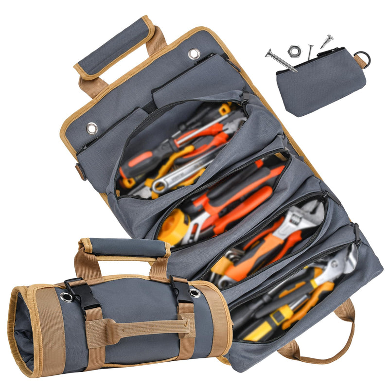 Tool Bag Tool Bags for Men Heavy Duty Tool Organizer, Portable Roll Up Tool Bag Gifts For Him, Mechanic, Electrician and Hobbyist, Car Tool Roll Organizer Grey