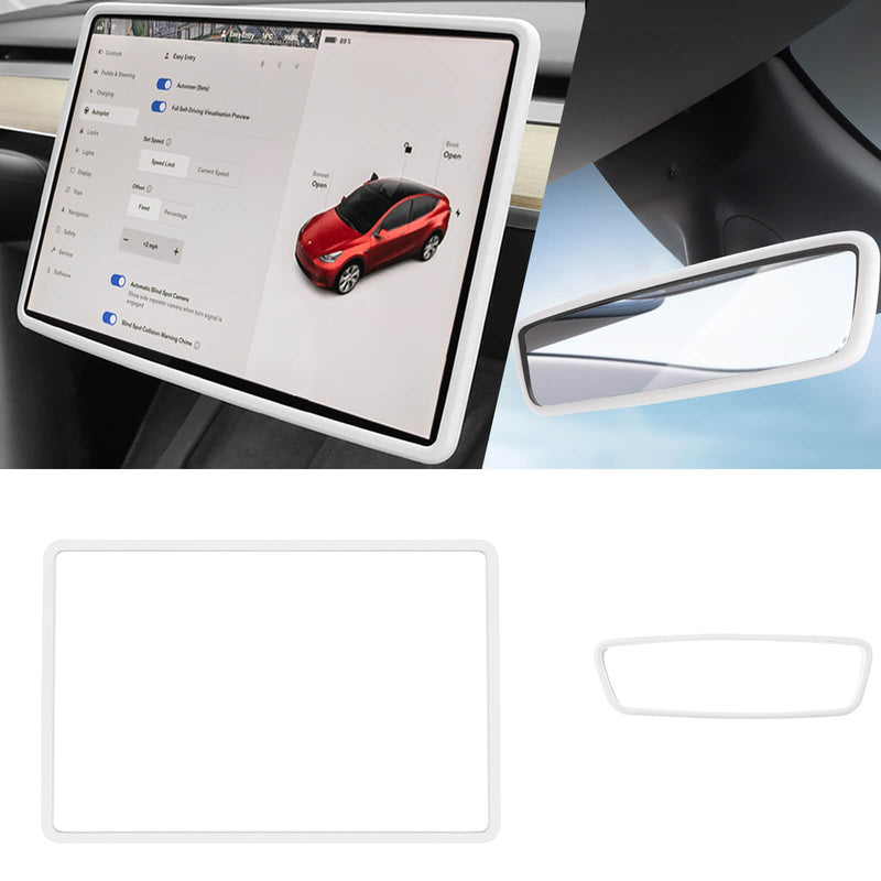 2Pcs Silicone Protector Frames of Screen and Rear View Mirror for Tesla Model 3 2017-2023 and Model Y 2019-Feb.2025. (White) White