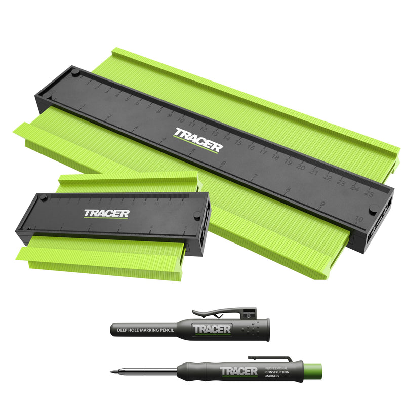 Tracer Contour Gauges and Deep Hole Construction Pencil Set. 130mm (5”) & 250mm (10”) Precise Profile Tools. 2 x Gauges and Carpenters Pencil Set 130mm & 250mm plus Pencil