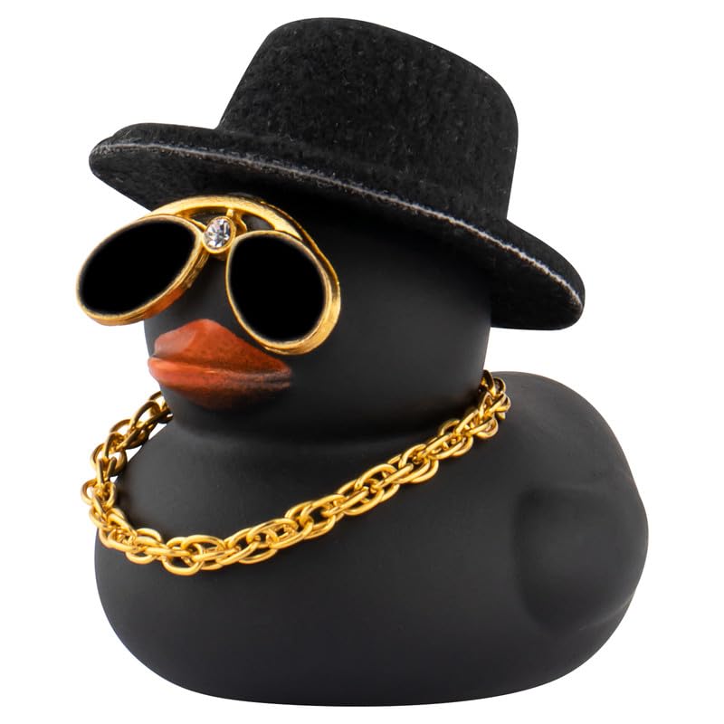 wonuu Car Dashboard Rubber Duck Ornament, Car Decoration Colour Ducks Accessories with Mini Hat Necklace and Sunglasses, M-Black-Top Hat