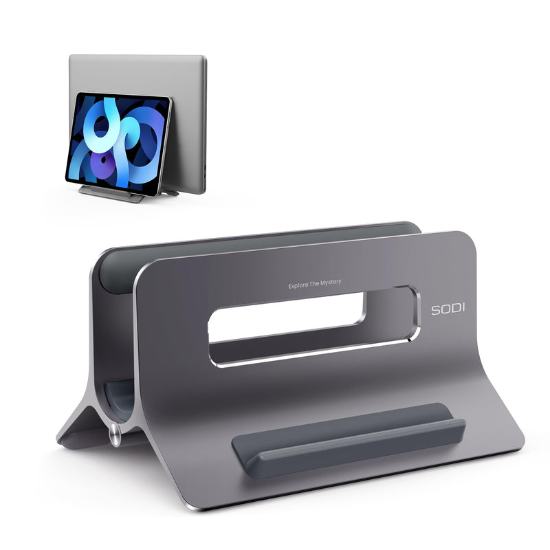 SODI Vertical Laptop Stand for Desk, Gravity Auto Lock MacBook Stand, Aluminum Laptop Holder Vertical Compatible with MacBook Pro, Air, Tablet, Space-Saving Organize Work & Home Office, Gray Space Grey