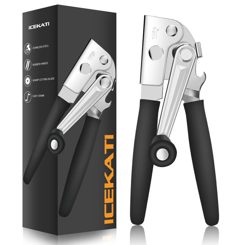 Commercial Can Opener, ICEKATl Can Opener Manual Heavy Duty Easy for Big Cans with Magnet, Folding Hand Crank With Comfortable Long Handles Black