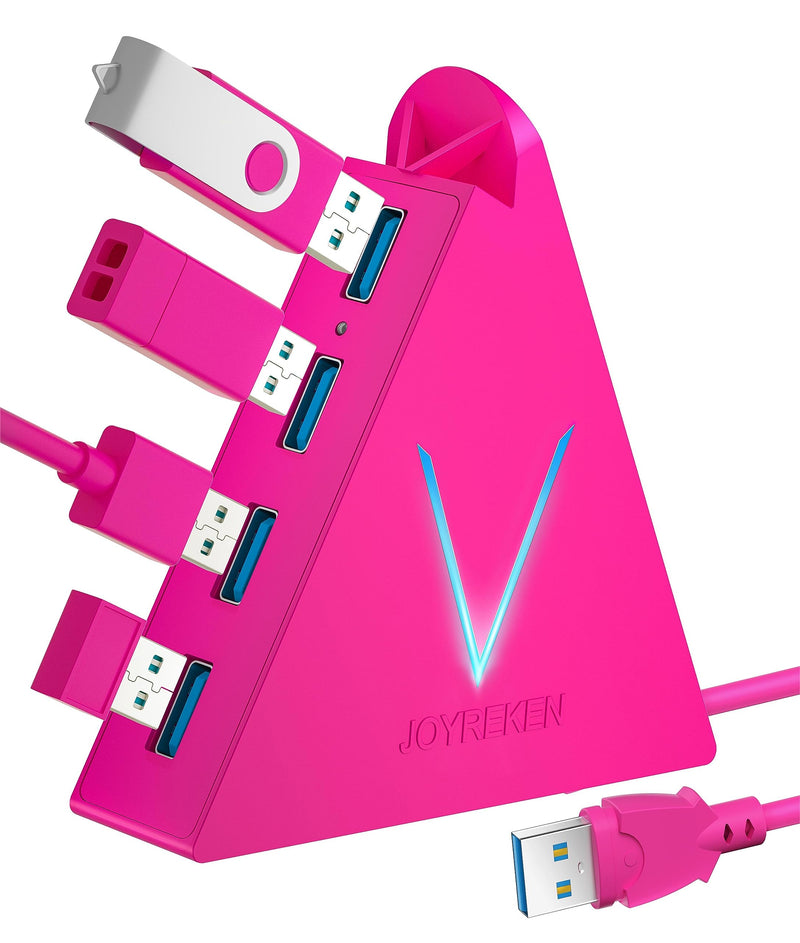 USB Hub 3.0, JoyReken 4-Port USB Splitter for Laptop, Ps4 Keyboard and Mouse Adapter Compatible with Xbox, PC, MacBook, Surface Pro, Flash Drive, HDD, Console, Printer, Camera,Keyborad,Mouse, Hot Pink 2ft Hot Pink USB A HUb