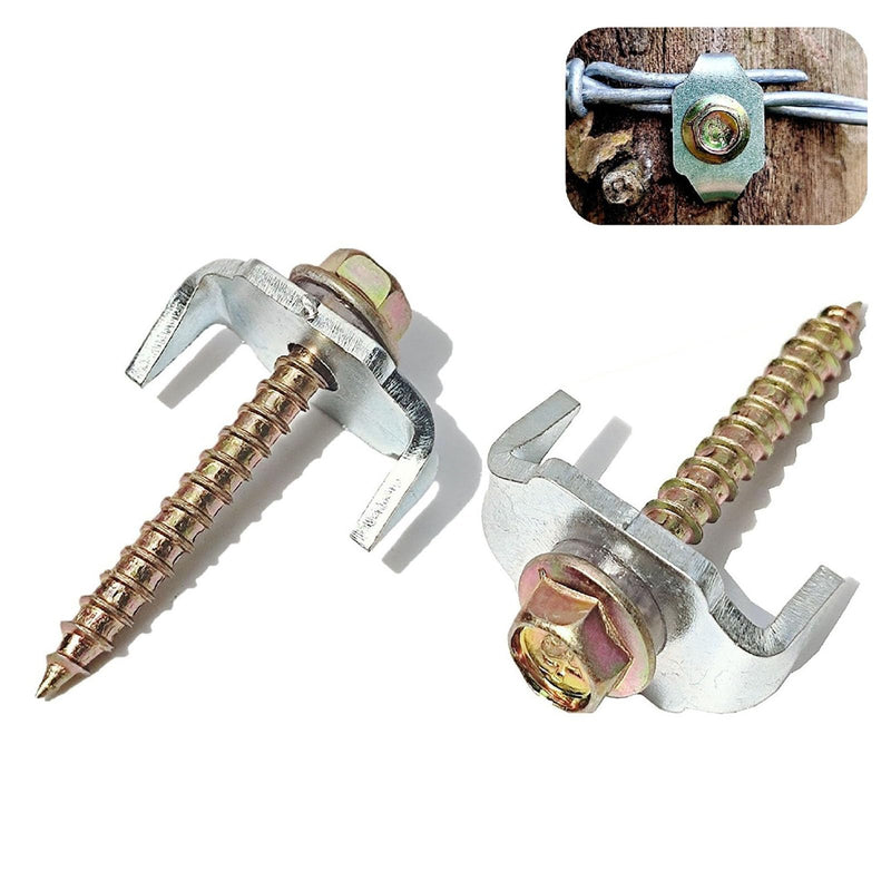 100 Pcs Fencing Fasteners Post Screw with Wire Fixer, Fence Staple for Wire Mesh and Woven Fencing, Quickly Install in Wood with Power Drill 100
