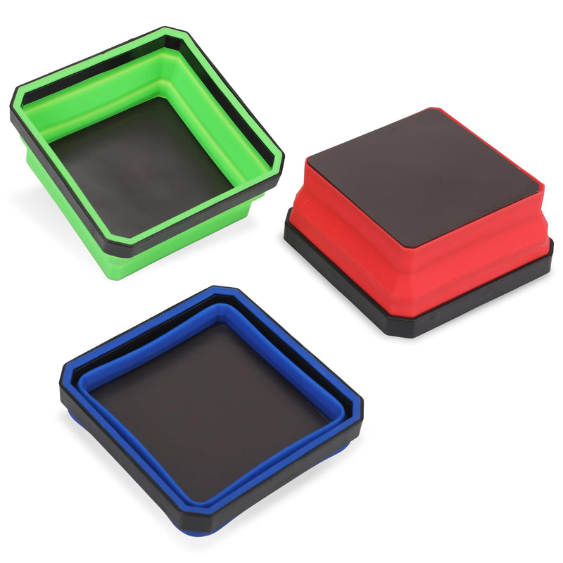 PR1ME Upgrade Collapsible Magnetic Parts Tray Set, 3 Pack, Foldable Magnetic Tool, 4.25 inch Square Silicone Bowls with Magnetic Base Stores and Organizes Small Parts and Tools Upgrade Trays