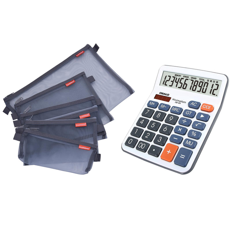 Desktop Calculator and Mesh Zipper Pouch Bundle, 5pcs Size Lightweight Nylon File Folders, 5In Clear LCD Display Auto Sleep Calculator