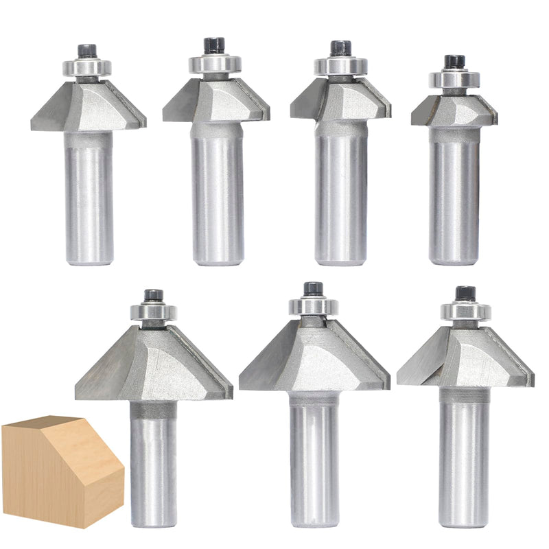 7Pcs 45 Degree Chamfer Router Bit Set,1/2" Shank,1/4",5/16",3/8",1/2",5/8" 3/4" and 7/8" Bevel Length,Eased Edge Cutter with Ball Bearing for Wood Chamfering,Bevelling,Profiling,Edging 7 Piece Set (1/4"-7/8")