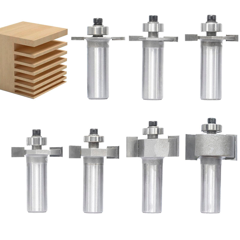 7Pcs T Slot Router Bit Set,1/2" Shank,3/32",1/8",5/32",1/4",5/16",1/2", and 5/8" Cutting Height T Trark Bit with Bearing,T-Slotting Cutter for Wood Slotting,Grooving 1/2"x 7Pcs