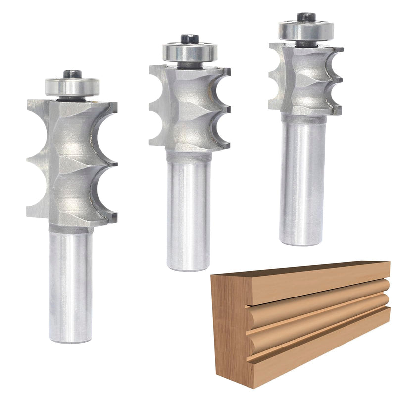 3Pcs Double Beading Router Bits 1/2" Shank,Cutting Height 3/4",7/8",1-3/8" Pair Beads,Dual Bead Columns for Furniture Molding,Perfect Edge Mould Cutter for Shelf with Ball Bearing Guided 3pcs-1/2"S