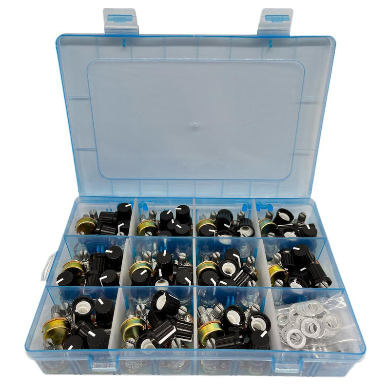 110Pcs Potentiometer Kit, Potentiometer Knobs, 11 Values 500 1K 2K 5K 10K 20K 50K 100K 250K 500K 1M Ohm Potentiometers Assortment Kit, 3 Pin Terminals Potentiometer with Cap Nuts and Washer