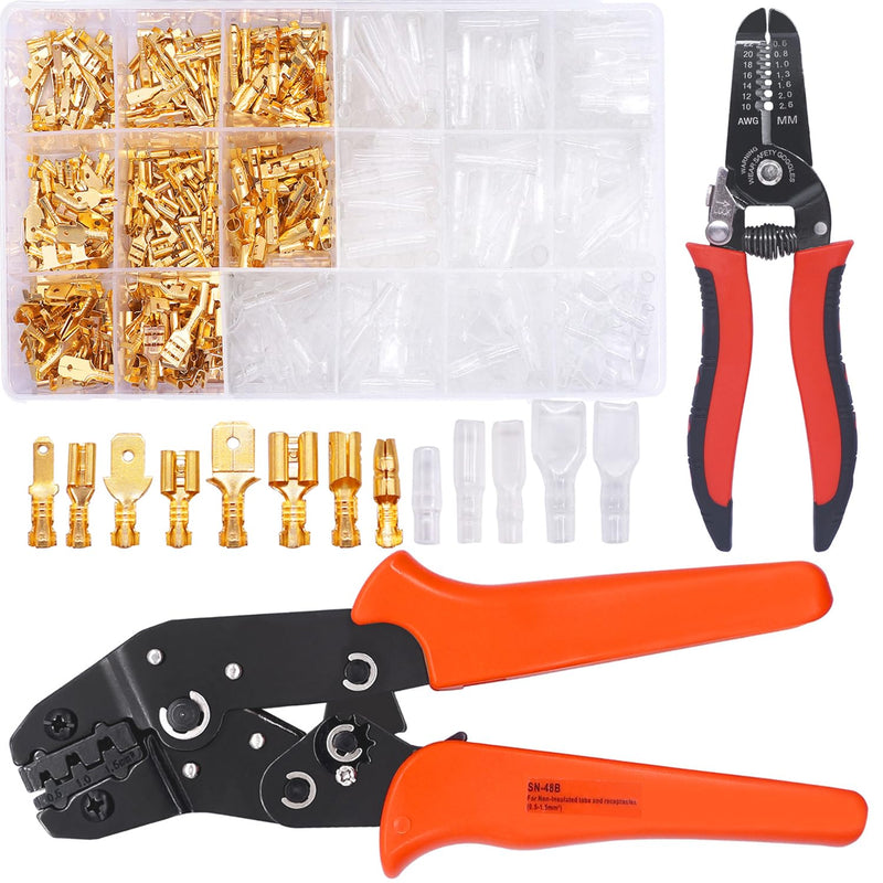 Twidec/640Pcs 2.8/4.8/6.3mm Quick Splice Male and Female Wire Spade Connector Crimp Terminal Golden Kit with Wire Terminal Crimping Pliers Tools 26-16AMG for Electrical Wiring Car Audio Speaker Gold 640PCS+SN-48B