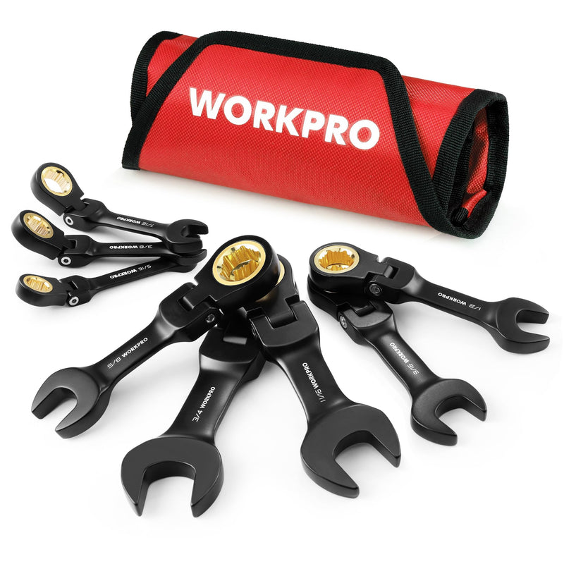 WORKPRO 8-Piece Stubby Anti-slip Ratcheting Combination Wrench Set, SAE 5/16-3/4 in, 72-Teeth, CRV, Black Electrophoretic Coating, Flex-Head Wrench Set with Rolling Pouch Black electroplating coating