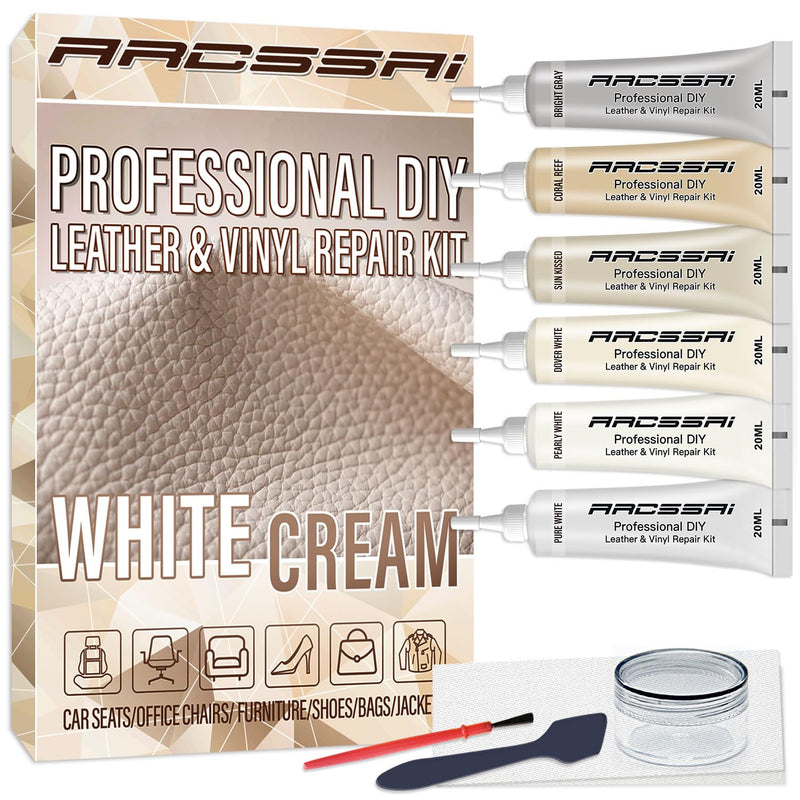 Cream Leather Repair Kit for Furniture, Car Seats, Sofa, Jacket and Purse, PU Leather Leather Repair Paint Gel for Repairing Tears & Burn Holes, with Color Matching Guide & Super Easy Instructions White