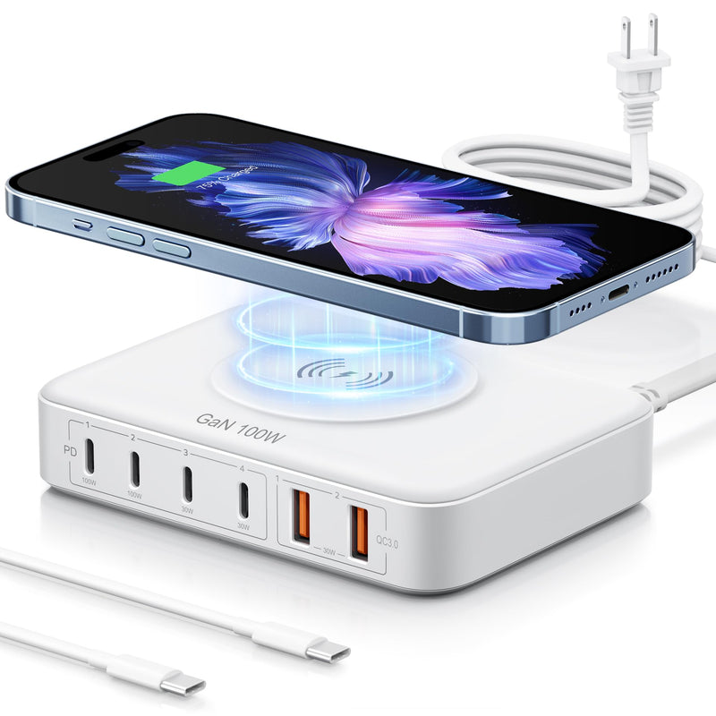 100W USB Charging Station with 15W Wireless Charger, Marnana 6-in-1 Multiple USB Ports(2 USB A and 4 USB C Ports) GaN Desktop Charger for iPhone iPad MacBook Laptop Samsung and Android Devices 100W-With Wireless Charger White