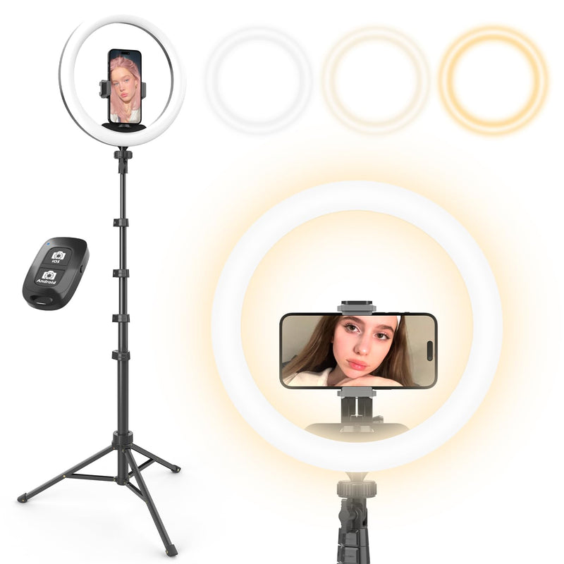 UBeesize 12” Selfie Ring Light with 62” Extendable Tripod Stand & Remote, LED Circle Light with Phone Holder for Video Recording/Makeup/Content Creator (YouTube/TikTok/Twitch), Phone, Camera & Webcam Black 12"