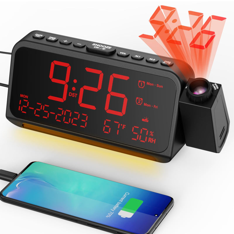 Projection Alarm Clock for Bedroom Ceiling, Digital Clock Projector with Weekday/Weekend Mode, Date, Temperature, Humidity, Type-C USB Charger, Night Light, Dual Alarms, DST, Dimmer,12/24H Red Digit+ Red Projection