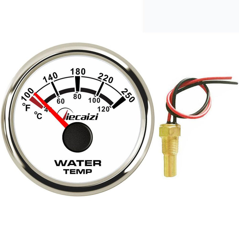 52mm/2-1/16" Water Coolant Temp Gauge & Sender Set 287.4-22.4 ohms 40-120°C/100-250°F Temperature Range 1/8" NPT Durable Stainless Steel Design IP67 Protection White face with chrome ring