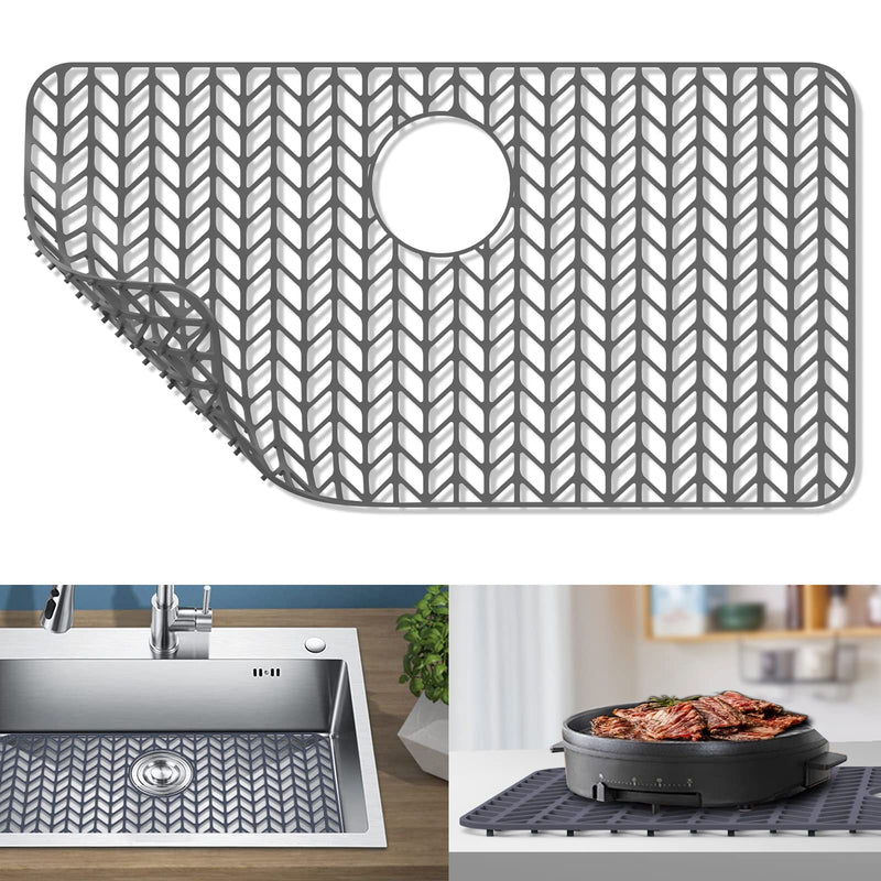 GUUKIN Sink Protectors for Kitchen Sink - 28.4"x 15.2" Silicone Kitchen Sink Mat Grid for Bottom of Farmhouse Stainless Steel Porcelain Sink with Rear Drain（Grey）, 2815B 28.4"x15.2" Rear Drain