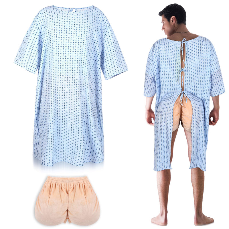Liitrsh 3 Pcs Patient Gown Party Costume Set Unisex Funny Mardi Gras Cosplay Hospital Gown Butt Cheeks Costume Bandage for Cosplay Dress up Party Blue