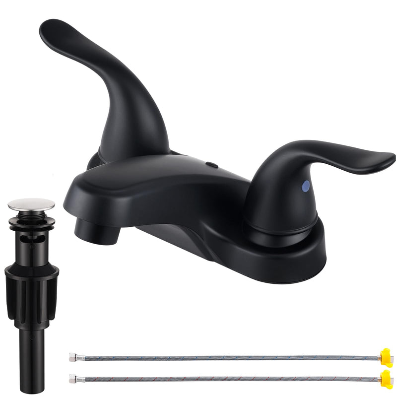 Bathroom Sink Faucets 2/3 Hole,Matte Black Dual Handles 4 inch Plastic Plating Over Bathroom Faucet with Pop-up Drain and 2 Supply Hoses for Apartment Rvs Sink Vanity Matte Black