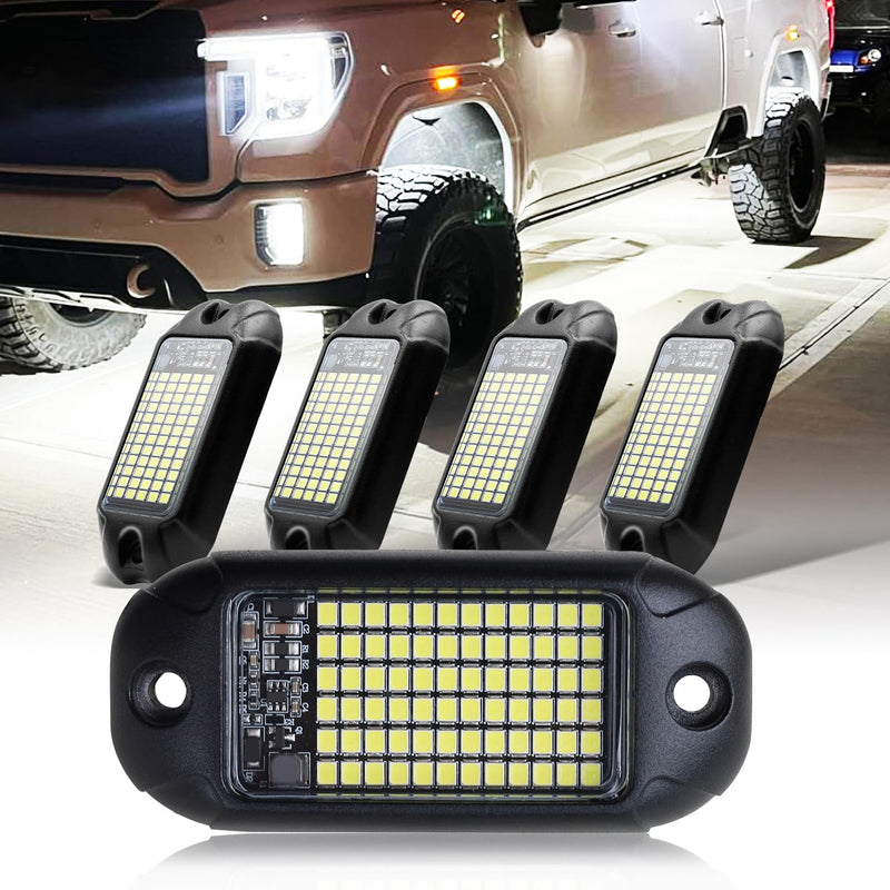 Nicoko 4Pods Pure White 72 Leds SMD Chips 72w High Power Rock Lights Super Bright White Offroad Car Boat Underglow Lights IP68 Waterproof for Truck SUV UTV ATV RZR Pure white rock lights
