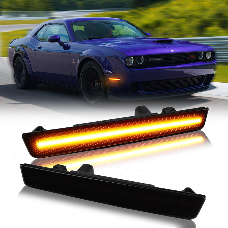 LED Side Marker Lights Front Bumper Amber Parking Signal Lamps for Dodge Challenger 2015-2023 Smoked Len, 2PCS Front Bumper, Amber