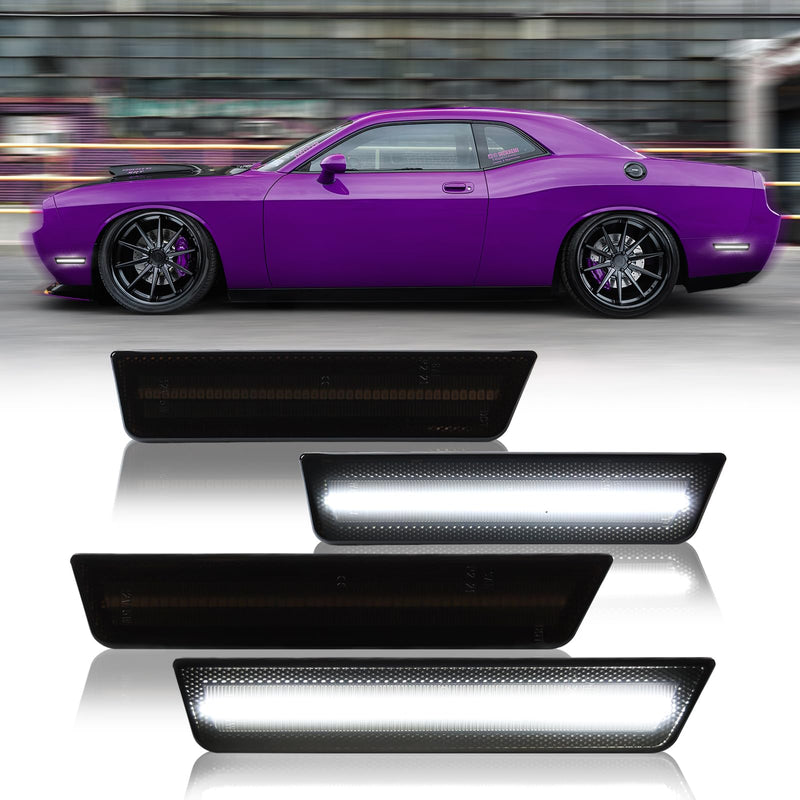 LED White Side Marker Lights Front Rear Bumper Signal Lamp Reflectors for 2008-2014 Dodge Challenger Smoked Len, 4PCS Front&Rear Bumper, 4PCS