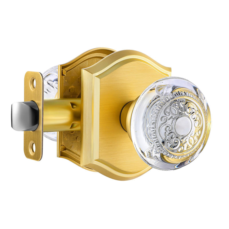 Gold Crystal Glass Door Knob Interior, Brushed Gold Passage Door Knobs for Closet Hall, Satin Brass Passage 1 Pack