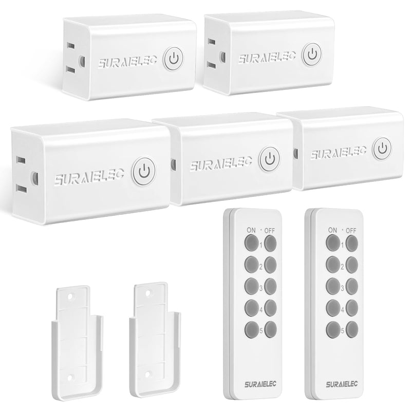 SURAIELEC Remote Control Outlet, Wireless Remote Light Switch, 100 FT, 15A/1875W, Expandable Indoor Compact Side Outlet Plug for Lamps, Fans, Christmas Trees, Small Appliances, 5 Outlets + 2 Remotes White Handhold Remote 5 Outlets