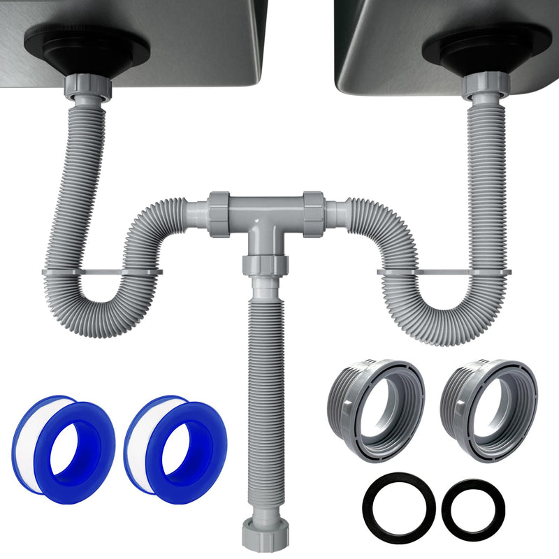 VIVIDA Double Sink Drain Pipe Kit, 1-1/2" Flexible Drain Pipe, 11"-31.5" Expandable Flexible P Trap for Double Kitchen Sink, 1-1/4" Adapter Included, Gray, 1 PACK 11" to 31.5"