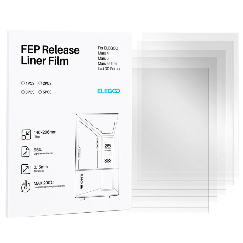 ELEGOO 5PCS FEP Release Film for Mars 4 & Mars 5 & Mars 5 Ultra Resin 3D Printer with 95% Light Transmittance, 206 * 146mm, 0.15mm Thickness Mars 4/5/5 Ultra-5PCS