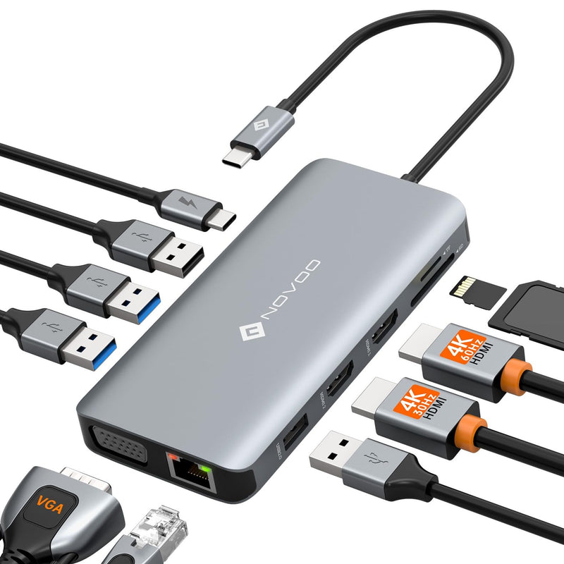 USB C Docking Station Dual HDMI Adapter, 11 in 1 Multi Display Docking Station Dual Monitor with 2 HDMI, VGA, 100W PD, 4 USB, USB C Hub Multiport Dongle Compatible with MacBook/Dell/HP/Lenovo Laptops