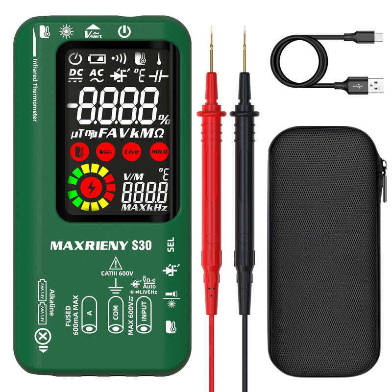 Digital Multimeter Infrared Thermometer Rechargeable Smart Voltmeter 9999 Counts Electrical Current Tester Capacitance, High/Low Voltage Diode Tester for LED Automotive Electrician Electronic Rechargeable S30 with Infrared Thermometer