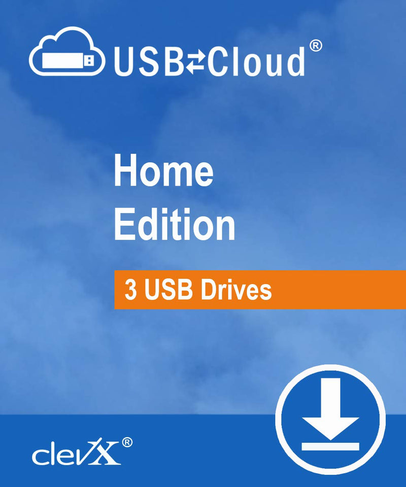 ClevX USBtoCloud - Home - Automatic Cloud Backup for portable drives - 1 year, up to 3 portable USB Flash drives or external HDD/SSD devices Home - Up to 3 Drives