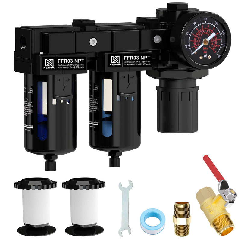 NEWPO 3/8'' NPT Air Drying System,Double Compressed Air Regulator with Metal Bracket,Air Pressure Regulator Combo 5&5 Micron Filter Cartridge