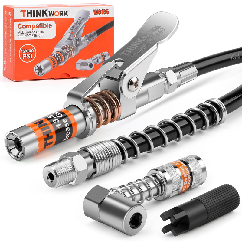 THINKWORK Grease Gun Coupler Set, Strong Lock on Greases Gun Couplers with 90° Grease Coupler Adaptor,12000 PSI Quick Release Grease Coupler Compatible with All Grease Guns 1/8" NPT Grease Gun Fitting Grease Gun Coupler with 90° Grease Coupler Adaptor
