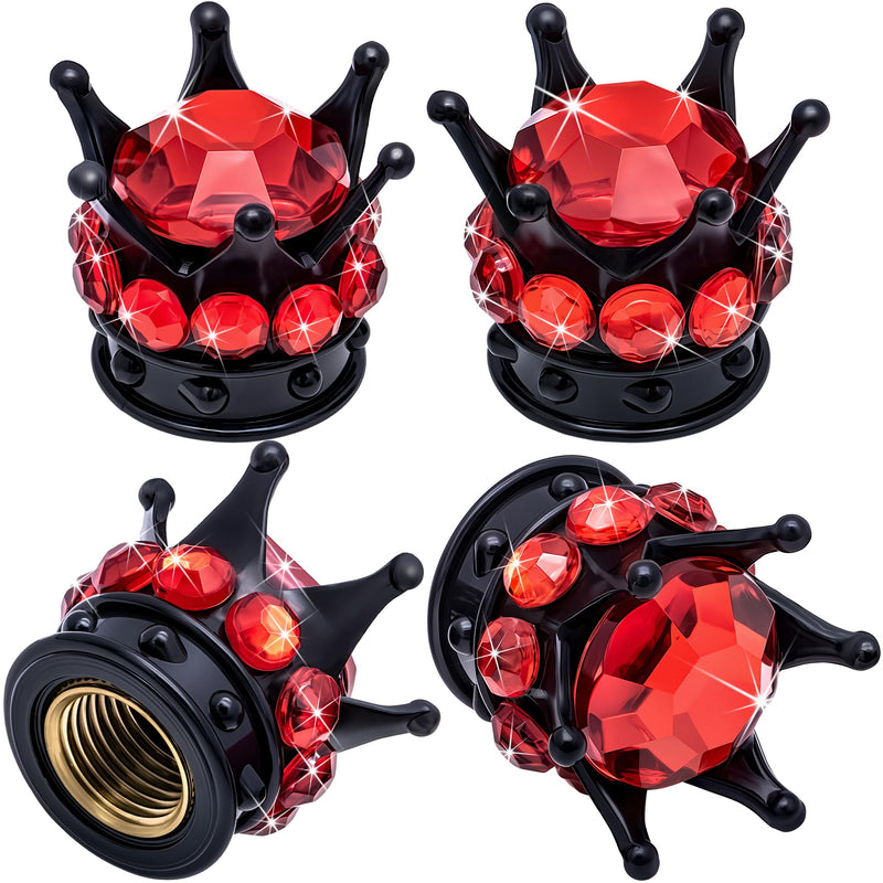 4PCS Crown Bling Tire Stem Valve Caps, Crystal Diamond Car Wheel Tire Valve Caps Universal Copper Core Stem Covers for Cars, SUV, Trucks, Bikes, Motorcycles, Bicycles (Black & Red) Black & Red