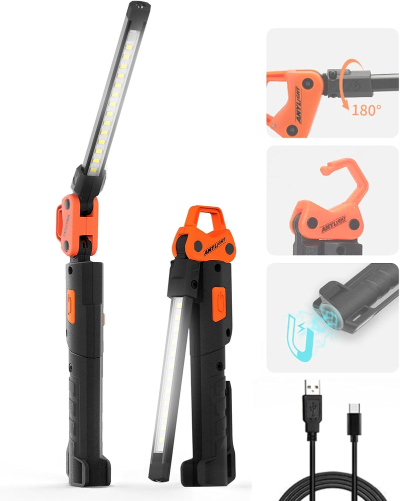 Led Work Light,400LM Foldable Mechanic Light, Rechargeable Flashlight with 5 Modes, 230° Rotate and Hook Magnetic Light for Car Repair, Camping, Grill（2 Pack Upgrade） 2 Packs with 180° Swivel