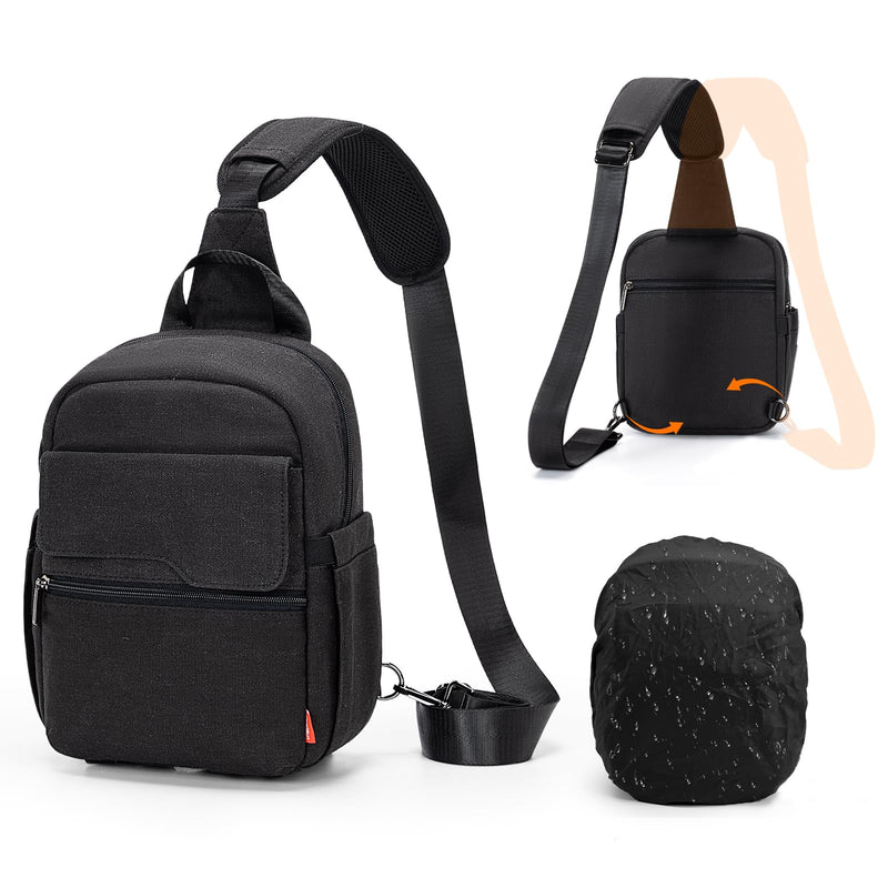 Cwatcun Large Camera Sling Bag, Crossbody Chest Bag with Tripod Holder | Fits 1body+2lenses +9.7"iPad +6.7"phone.Travel Photography Bag for Canon, Nikon, Sony, Fuji DSLR/SLR/Mirrorless Cameras, Lens Black