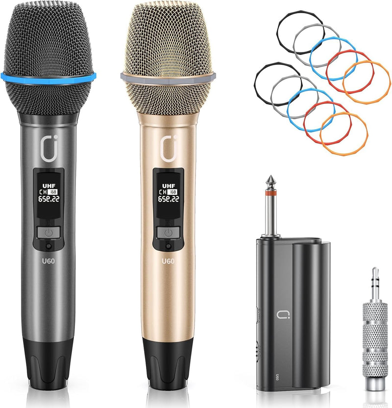 U60 Wireless Microphones, Dual UHF Microphone System with Rechargeable Receiver, Metal Karaoke Microphone for Singing, Wedding, DJ, Party, Speech, Church, Class, 200ft
