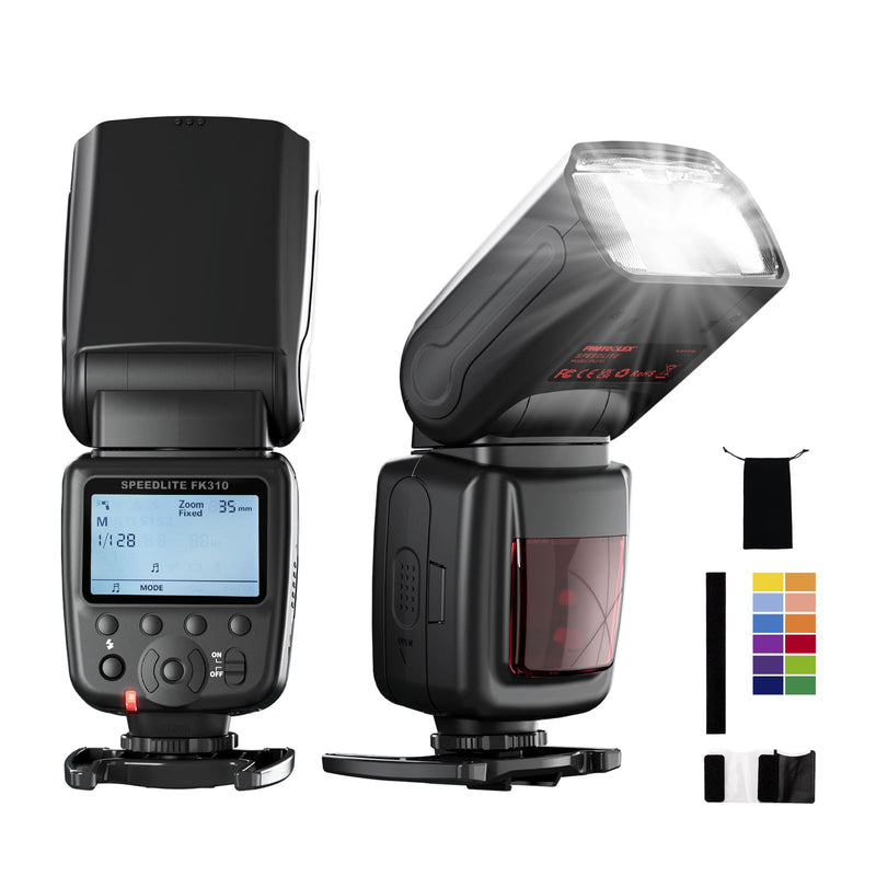 PHOTOOLEX Camera Flash Speedlite FK310, GN33 LCD Display, Manual S1/S2 | Universal single-contact hot shoe for Canon Nikon Sony Fujifilm Olympus. 8-level power. Metal mount