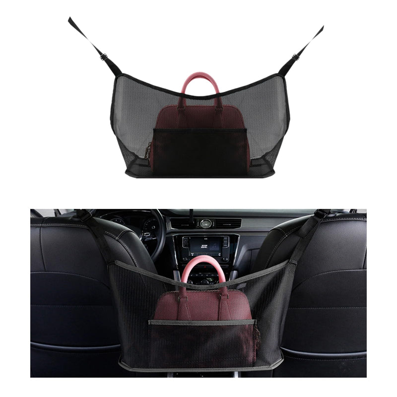 Ziciner Car Net Pocket Handbag Holder, Organizer Mesh Bag Between Two Seat, Driver Storage Netting Pouch for Handbag Purse, Barrier of Backseat Pet Kids, Car Accessories for Women Men (Black) Black