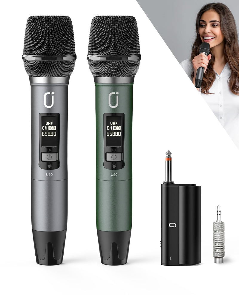 Wireless Microphones, Professional UHF Dual Microphones for Karaoke, Wireless Dynamic Microphone System Set with Rechargeable Receiver,Plug and Play, Speech, Wedding, Church, PA System Green