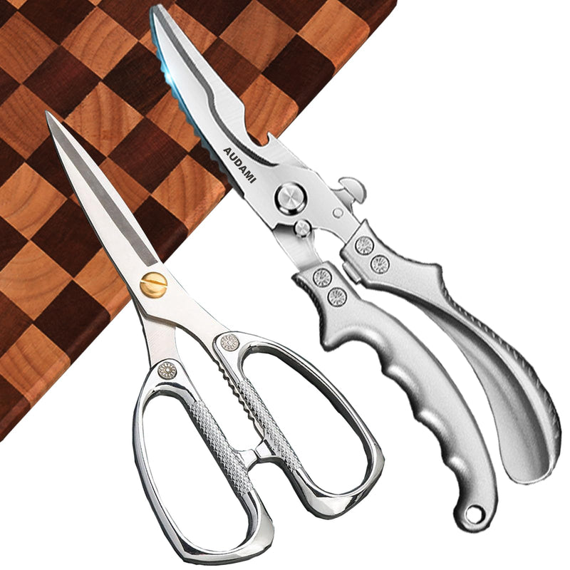 2 Pack Kitchen Shears,Heavy Duty Stainless Steel All-Purpose Poultry Meat Scissors for Cooking-Dishwasher Safe Silver+silver