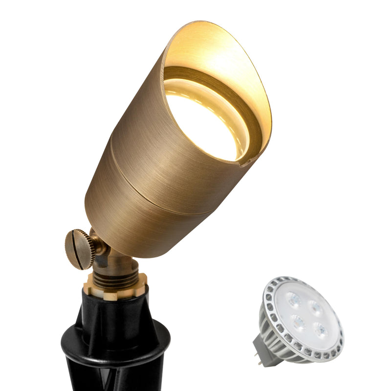 GKOLED Solid Brass Low Voltage Compact Spotlight, 12V AC/DC Waterproof Outdoor Landscape Spot Lights for House Trees Garden Yard Lawn, Up Light with 5W 2700K MR16 Bulb, Stake Included Compact Size 1 Pack