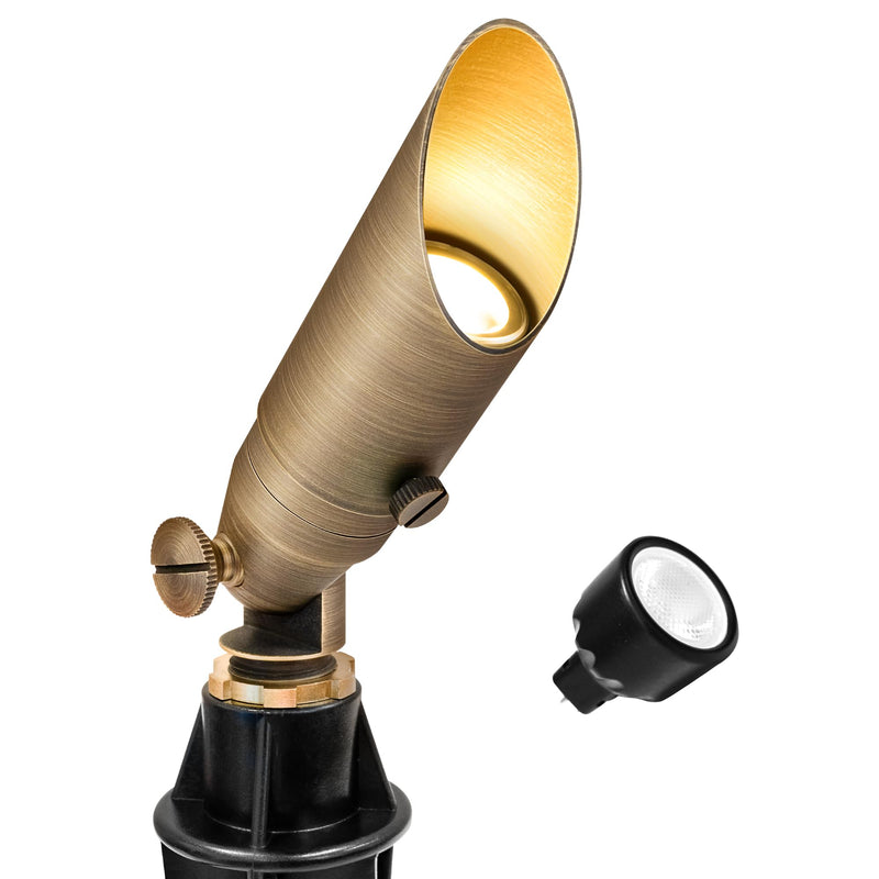 GKOLED Low Voltage Solid Brass LED Spotlight with MR8 Bulb, Outdoor Waterproof Landscape Lighting, Adjustable Uplights with Stake for House Garden Trees Lawn Patio Yard Fence, 3W 12V 180LM 2700K Shroud Adjustable-Antique Bronze 1 Pack