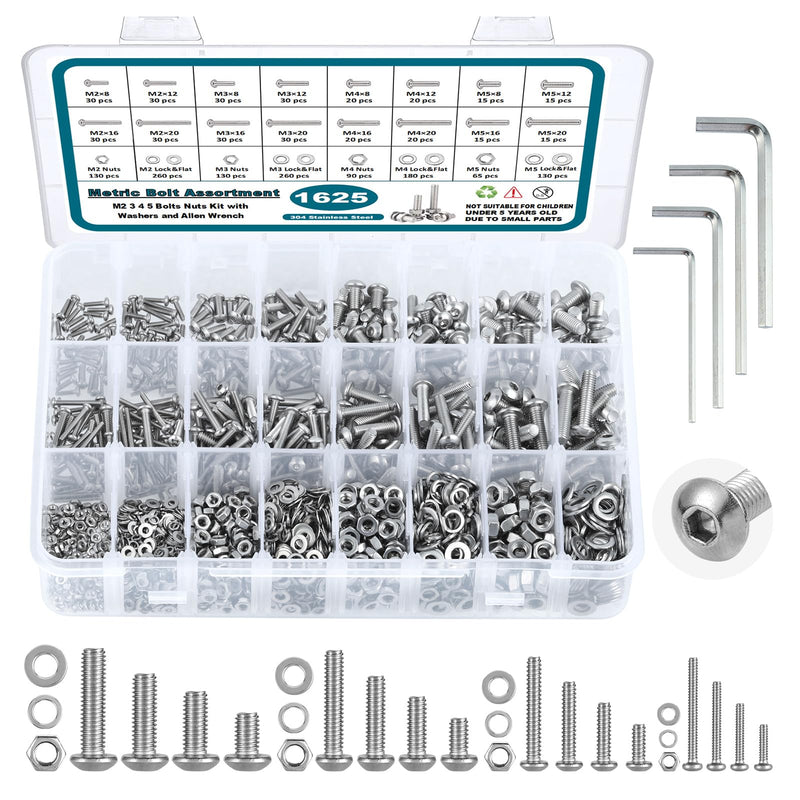 SATANTECH 1625Pcs M2 M3 M4 M5 Metric Screw Assortment,304 Stainless Steel Metric Bolts and Nuts Assortment Kit,Hex Socket Button Head Metric Machine Screws with Flat and Lock Washers Silver Hex Button Head Screw kit